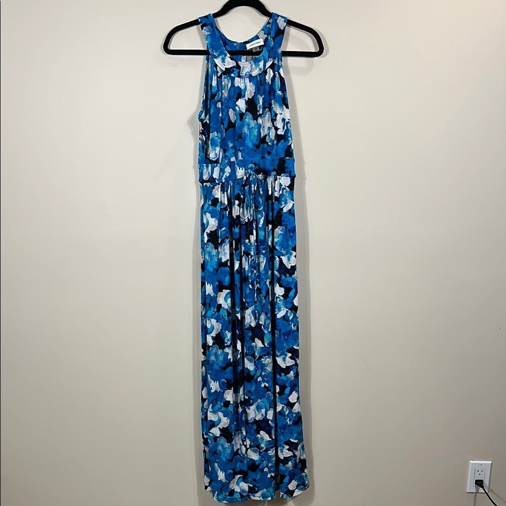 Calvin Klein Watercolor Blue Maxi Halter Summer Resort Beach Pocket Dress Size 8